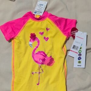 Kids Swim Shirt - Pink and Yellow Flamingo Design